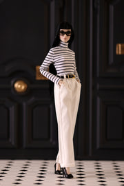 Striped Mockneck Knit Top (White with Black Stripes)