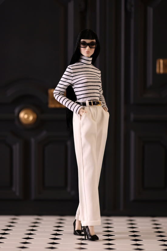 Striped Mockneck Knit Top (White with Black Stripes)
