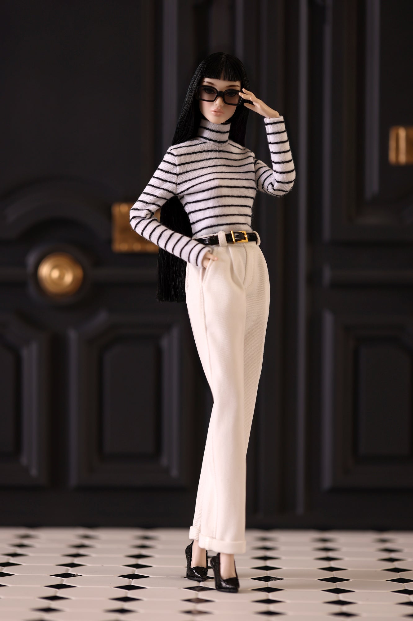 Striped Mockneck Knit Top (White with Black Stripes)