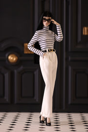 Striped Mockneck Knit Top (White with Black Stripes)