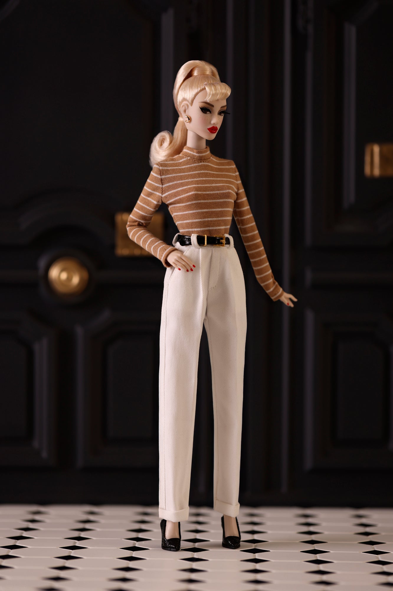 Stripe Mockneck Knit Top (Camel/White)