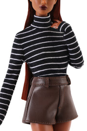 Striped Mockneck Knit Top (Black with White Stripes)