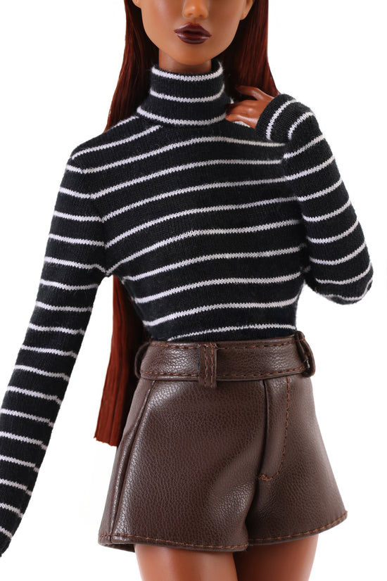 Striped Mockneck Knit Top (Black with White Stripes)