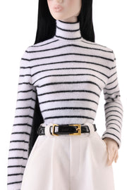 Striped Mockneck Knit Top (White with Black Stripes)