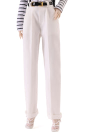 White Tailored High Waisted Trousers with Vegan Leather Belt