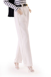 White Tailored High Waisted Trousers with Vegan Leather Belt