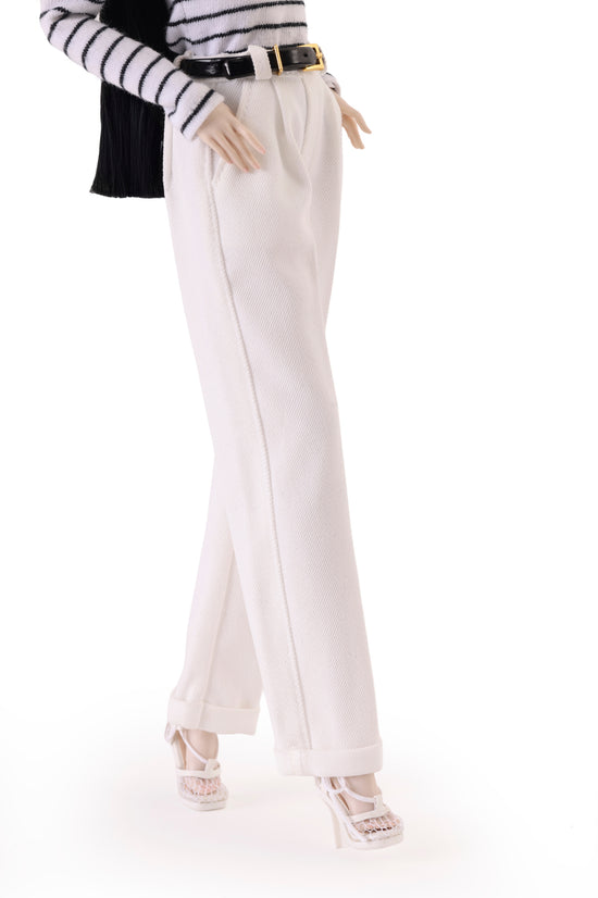 White Tailored High Waisted Trousers with Vegan Leather Belt