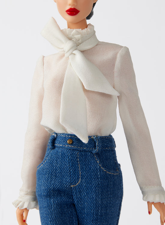 Off-White Chiffon Bow Long-Sleeve Blouse With Mini Ruffles