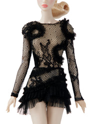 Black Long-Sleeve Appliqué Lace Top with Matching Lace Ruffled Mini Skirt