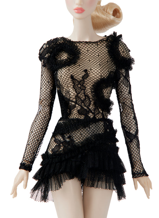 Black Long-Sleeve Appliqué Lace Top with Matching Lace Ruffled Mini Skirt