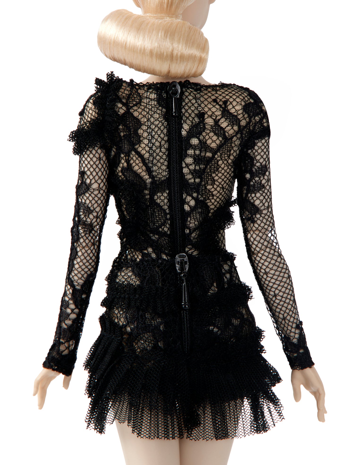 Black Long-Sleeve Appliqué Lace Top with Matching Lace Ruffled Mini Skirt