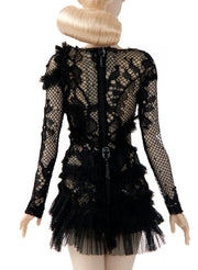 Black Long-Sleeve Appliqué Lace Top with Matching Lace Ruffled Mini Skirt