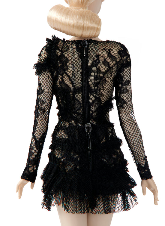 Black Long-Sleeve Appliqué Lace Top with Matching Lace Ruffled Mini Skirt