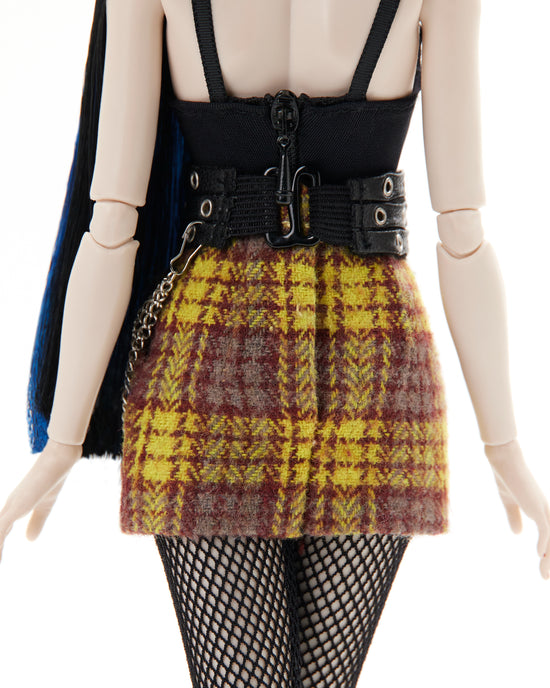YELLOW/BLACK PLAID MINI SKIRT WITH BLACK MULTI-STRAP LEATHER BELT