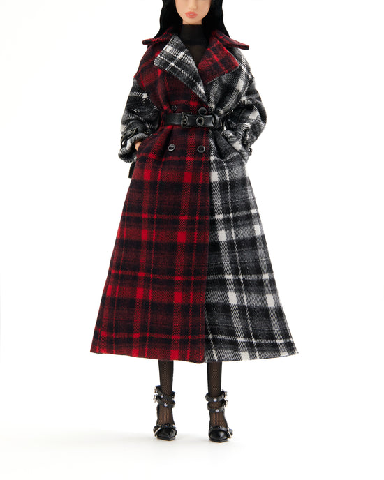 RED/BLACK MIX PLAID COAT WITH BLACK LEATHER BELT