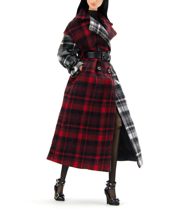 RED/BLACK MIX PLAID COAT WITH BLACK LEATHER BELT
