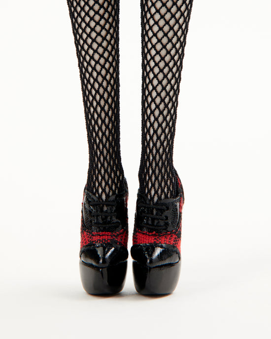 BLACK/RED PLAID PLATFORM BOOTIES WITH BLACK PATENT DETAILS