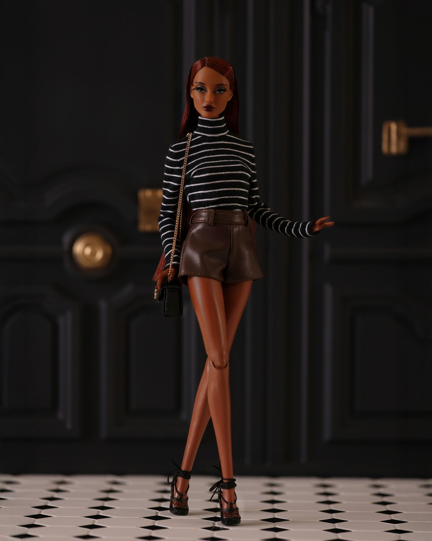 Striped Mockneck Knit Top (Black with White Stripes)